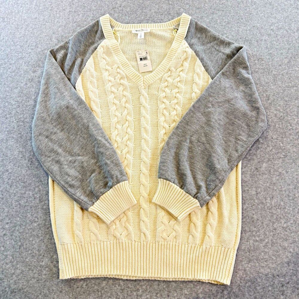 Motherhood Maternity Sweater Ivory Gray Cable Knit V-Neck Raglan L Cotton Blend